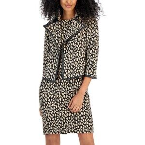Anne Klein Women's Printed Wide-Collar Faux-Leather-Trimmed Kissing Blazer, 14